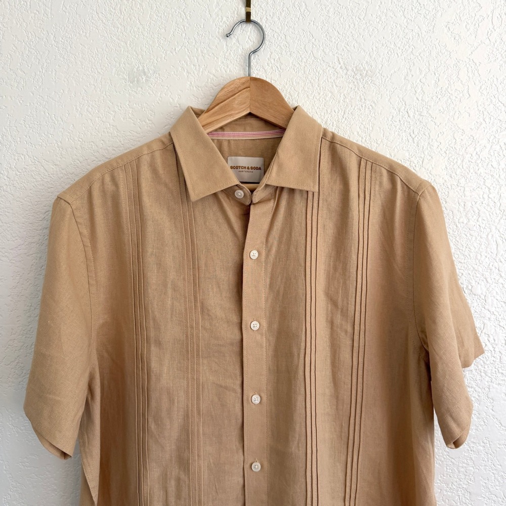 Scotch & Soda Tan Linen Blend Pintuck Pleated Short Sleeve Shirt Mens Large - Picture 2 of 9